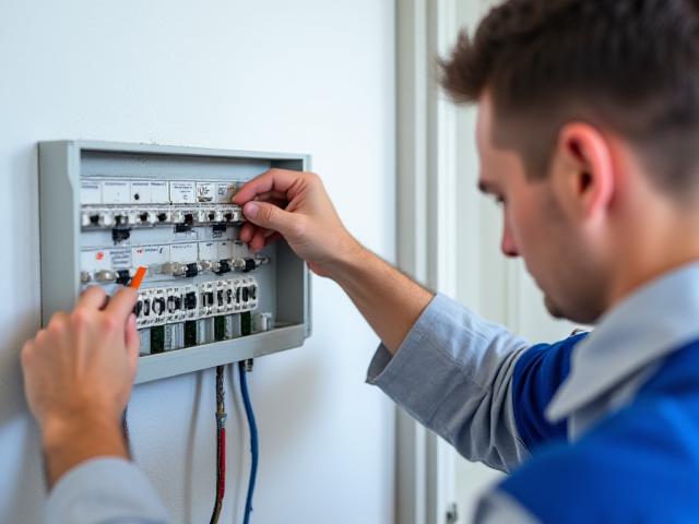 DecoDroit minősített villanyszerelő tiszta kapcsolótáblán dolgozik