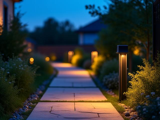 Világító oszlopok kerti ösvény mentén